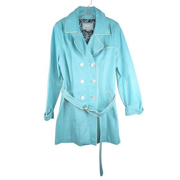 Wilsons Leather Jackets & Blazers - Wilsons Leather Maxima Trench Coat Womens L Turquoise Blue Leather Belted Jacket